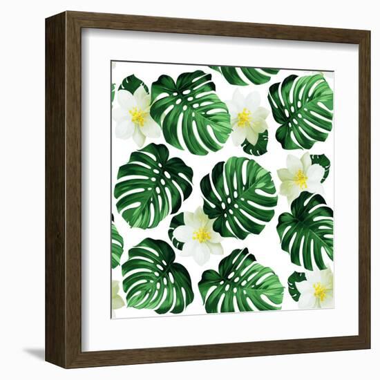 Seamless Pattern of Leaves Monstera and Exotic Flowers-artant-Framed Art Print