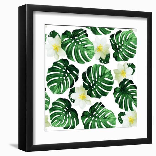 Seamless Pattern of Leaves Monstera and Exotic Flowers-artant-Framed Art Print