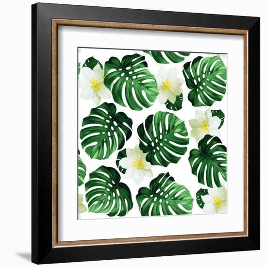 Seamless Pattern of Leaves Monstera and Exotic Flowers-artant-Framed Art Print