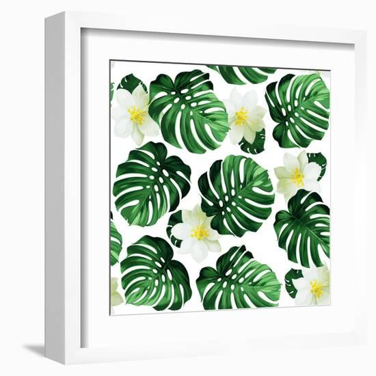 Seamless Pattern of Leaves Monstera and Exotic Flowers-artant-Framed Art Print