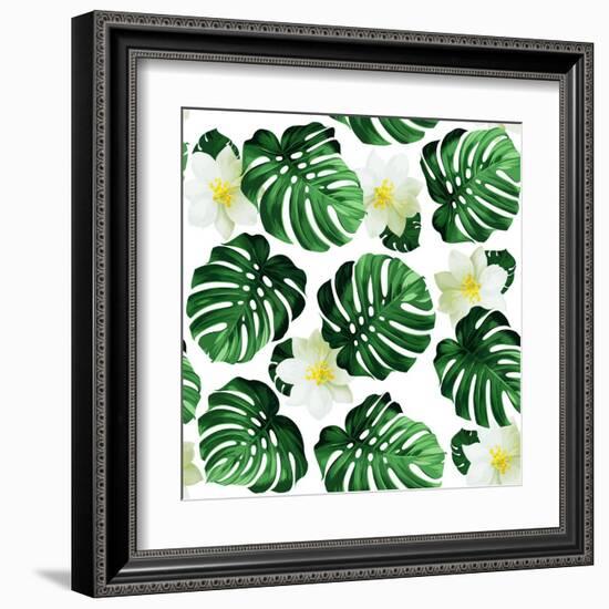 Seamless Pattern of Leaves Monstera and Exotic Flowers-artant-Framed Art Print