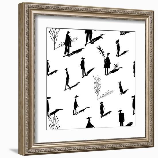 Seamless Pattern of Trees and People Silhouettes with Shadows Hand-Drawn Ink. Art Retro Background-Yurta-Framed Art Print