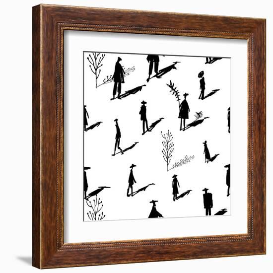 Seamless Pattern of Trees and People Silhouettes with Shadows Hand-Drawn Ink. Art Retro Background-Yurta-Framed Art Print