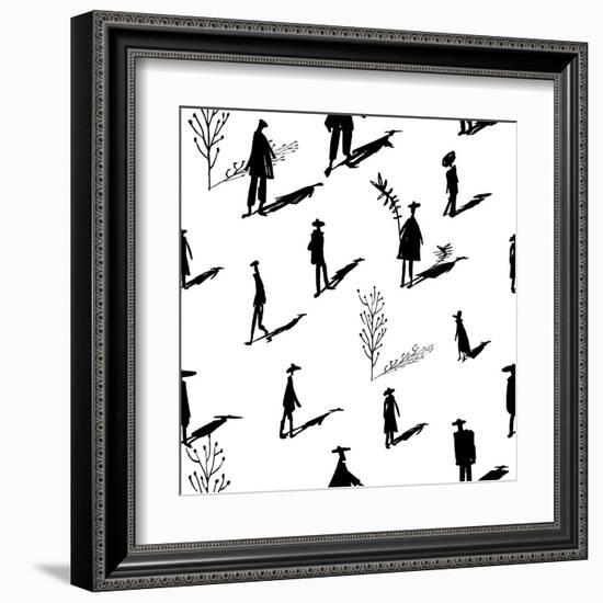 Seamless Pattern of Trees and People Silhouettes with Shadows Hand-Drawn Ink. Art Retro Background-Yurta-Framed Art Print