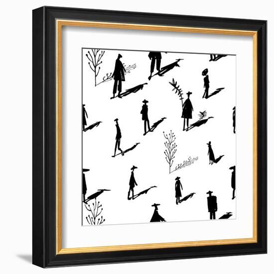 Seamless Pattern of Trees and People Silhouettes with Shadows Hand-Drawn Ink. Art Retro Background-Yurta-Framed Art Print