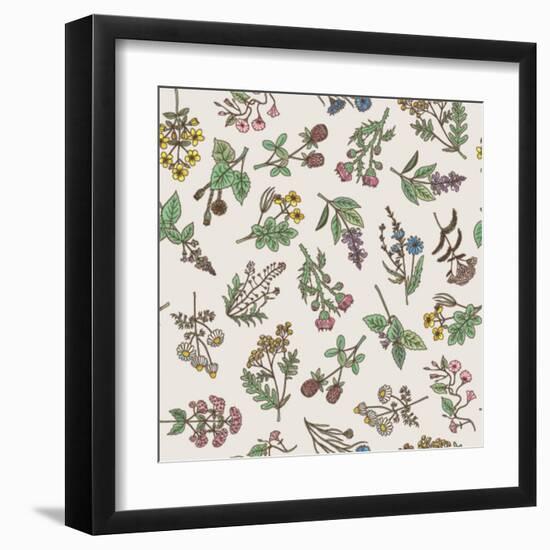 Seamless Pattern of Various Hand Drawn Herbs and Flowers-ONYXprj-Framed Art Print