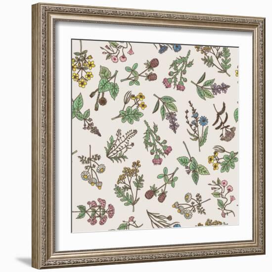 Seamless Pattern of Various Hand Drawn Herbs and Flowers-ONYXprj-Framed Art Print