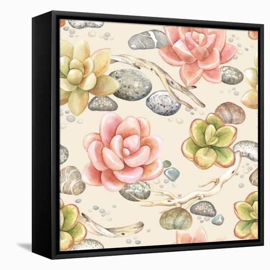 Seamless Pattern of Watercolor Succulents, Dry Branches and Stones, Vector Illustration on Beige Ba-Nikiparonak-Framed Stretched Canvas