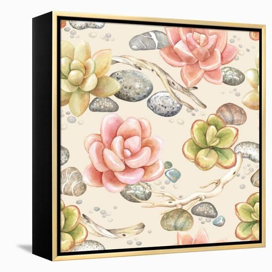 Seamless Pattern of Watercolor Succulents, Dry Branches and Stones, Vector Illustration on Beige Ba-Nikiparonak-Framed Stretched Canvas