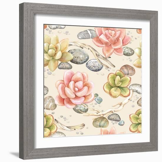 Seamless Pattern of Watercolor Succulents, Dry Branches and Stones, Vector Illustration on Beige Ba-Nikiparonak-Framed Art Print