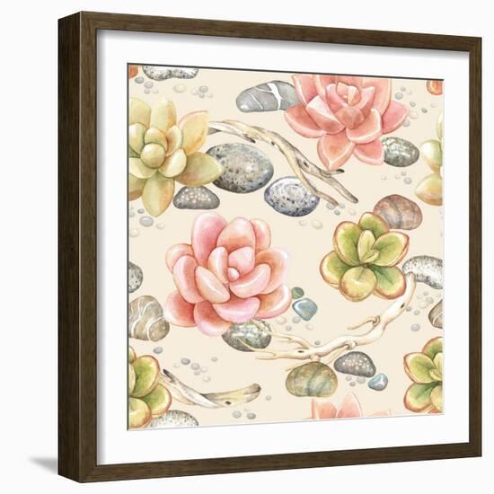 Seamless Pattern of Watercolor Succulents, Dry Branches and Stones, Vector Illustration on Beige Ba-Nikiparonak-Framed Art Print