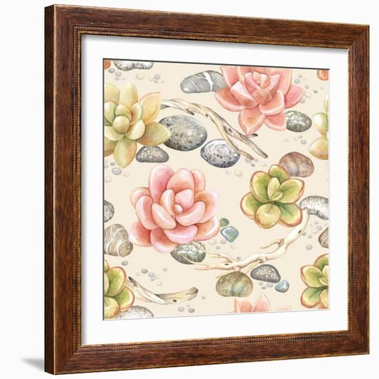 Seamless Pattern of Watercolor Succulents, Dry Branches and Stones, Vector Illustration on Beige Ba-Nikiparonak-Framed Art Print