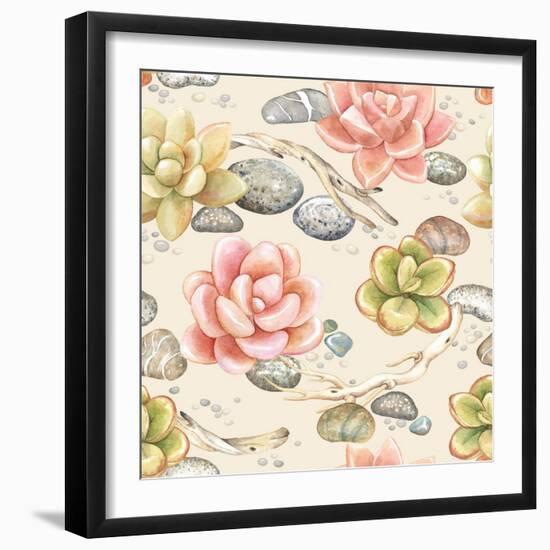 Seamless Pattern of Watercolor Succulents, Dry Branches and Stones, Vector Illustration on Beige Ba-Nikiparonak-Framed Art Print