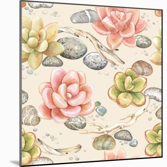 Seamless Pattern of Watercolor Succulents, Dry Branches and Stones, Vector Illustration on Beige Ba-Nikiparonak-Mounted Art Print