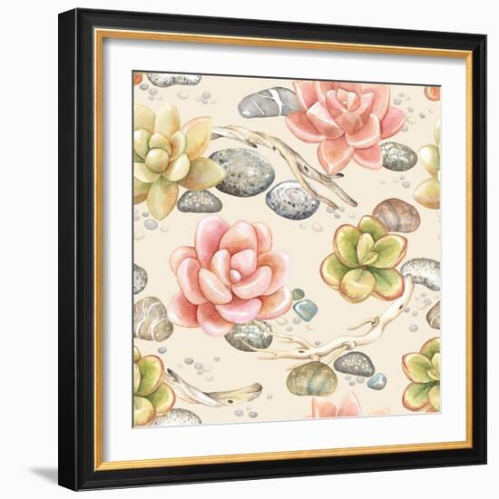 Seamless Pattern of Watercolor Succulents, Dry Branches and Stones, Vector Illustration on Beige Ba-Nikiparonak-Framed Art Print