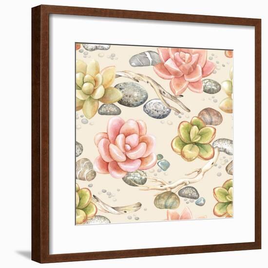 Seamless Pattern of Watercolor Succulents, Dry Branches and Stones, Vector Illustration on Beige Ba-Nikiparonak-Framed Premium Giclee Print