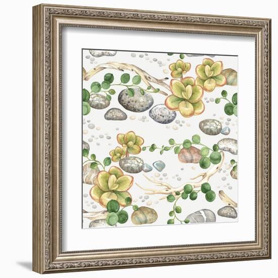 Seamless Pattern of Watercolor Succulents String of Pearls, with Small Plants Succulents, Dry Branc-Nikiparonak-Framed Art Print