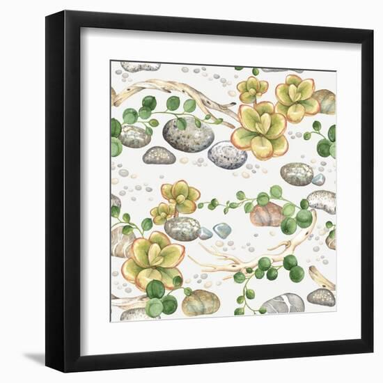 Seamless Pattern of Watercolor Succulents String of Pearls, with Small Plants Succulents, Dry Branc-Nikiparonak-Framed Art Print