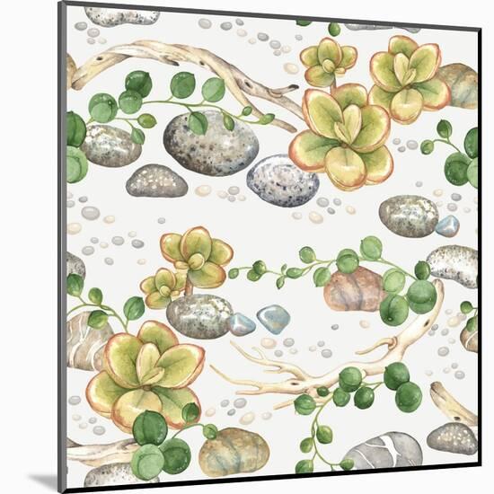 Seamless Pattern of Watercolor Succulents String of Pearls, with Small Plants Succulents, Dry Branc-Nikiparonak-Mounted Art Print