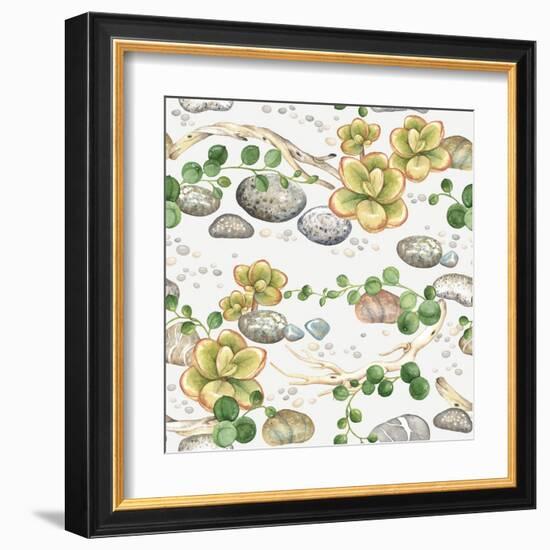 Seamless Pattern of Watercolor Succulents String of Pearls, with Small Plants Succulents, Dry Branc-Nikiparonak-Framed Art Print