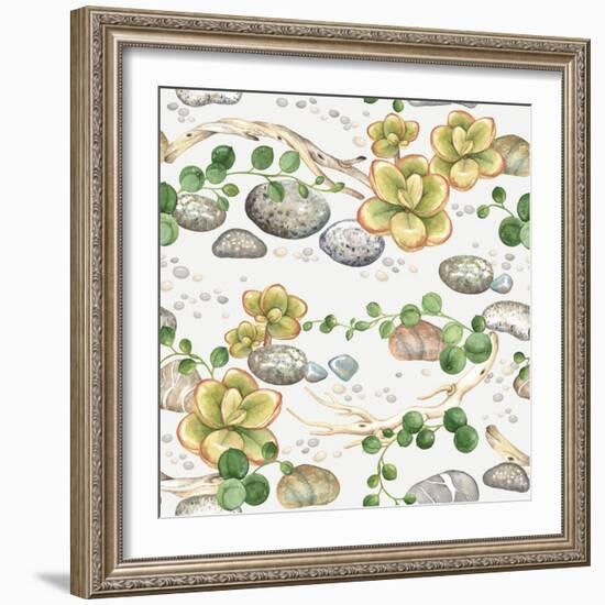 Seamless Pattern of Watercolor Succulents String of Pearls, with Small Plants Succulents, Dry Branc-Nikiparonak-Framed Art Print