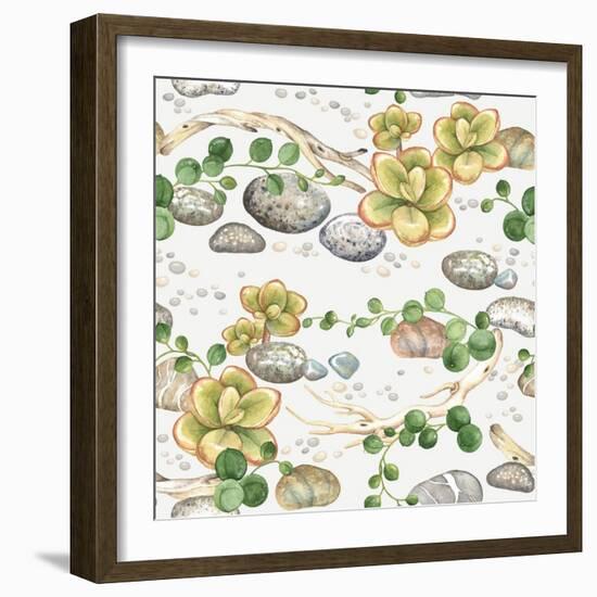 Seamless Pattern of Watercolor Succulents String of Pearls, with Small Plants Succulents, Dry Branc-Nikiparonak-Framed Art Print