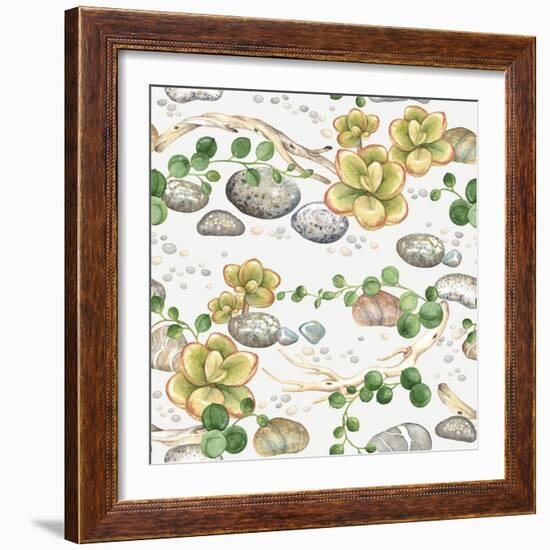 Seamless Pattern of Watercolor Succulents String of Pearls, with Small Plants Succulents, Dry Branc-Nikiparonak-Framed Art Print