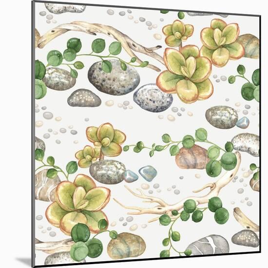 Seamless Pattern of Watercolor Succulents String of Pearls, with Small Plants Succulents, Dry Branc-Nikiparonak-Mounted Art Print