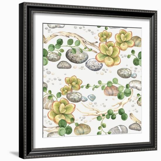 Seamless Pattern of Watercolor Succulents String of Pearls, with Small Plants Succulents, Dry Branc-Nikiparonak-Framed Art Print