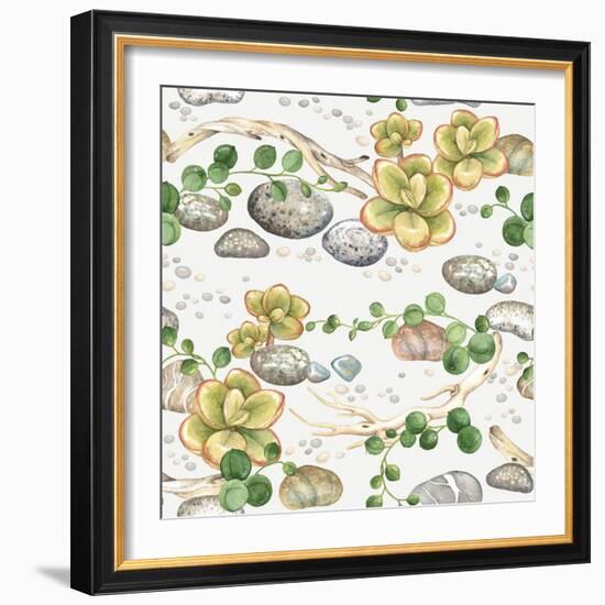 Seamless Pattern of Watercolor Succulents String of Pearls, with Small Plants Succulents, Dry Branc-Nikiparonak-Framed Art Print