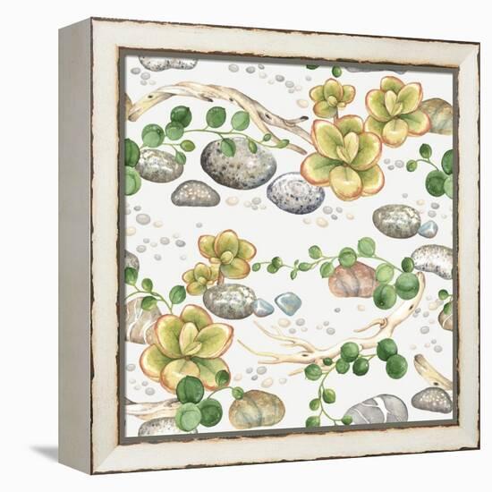 Seamless Pattern of Watercolor Succulents String of Pearls, with Small Plants Succulents, Dry Branc-Nikiparonak-Framed Stretched Canvas