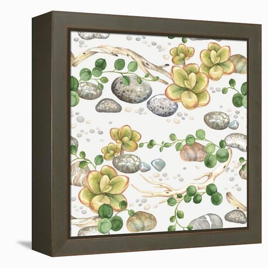 Seamless Pattern of Watercolor Succulents String of Pearls, with Small Plants Succulents, Dry Branc-Nikiparonak-Framed Stretched Canvas