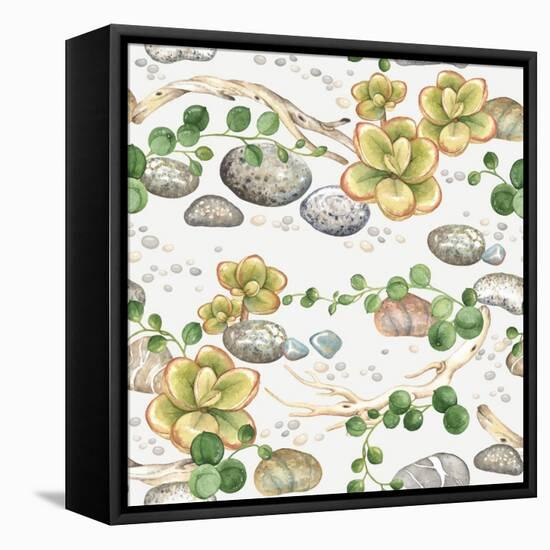 Seamless Pattern of Watercolor Succulents String of Pearls, with Small Plants Succulents, Dry Branc-Nikiparonak-Framed Stretched Canvas