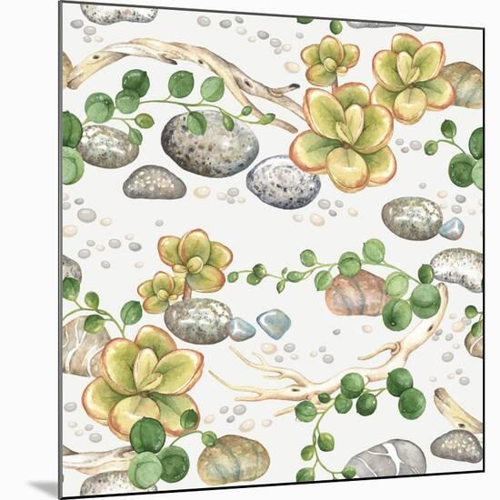 Seamless Pattern of Watercolor Succulents String of Pearls, with Small Plants Succulents, Dry Branc-Nikiparonak-Mounted Premium Giclee Print