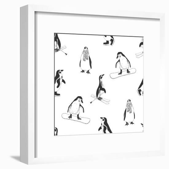 Seamless Pattern - Penguins. Winter Sports. Black and White-Cozy nook-Framed Art Print