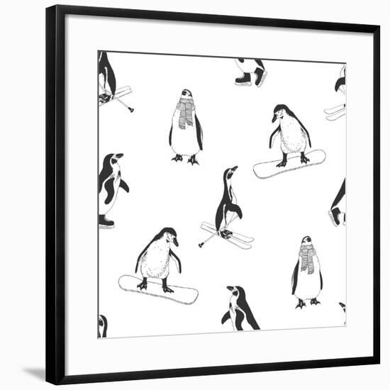 Seamless Pattern - Penguins. Winter Sports. Black and White-Cozy nook-Framed Art Print