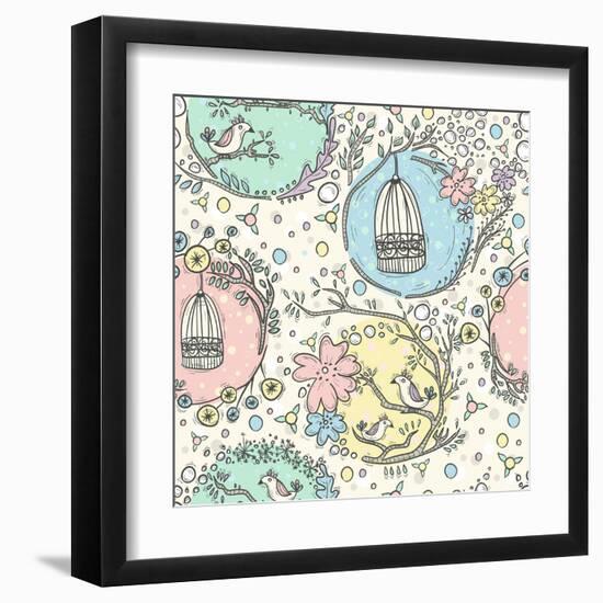 Seamless Pattern with Birdcages, Flowers and Birds.-cherry blossom girl-Framed Art Print