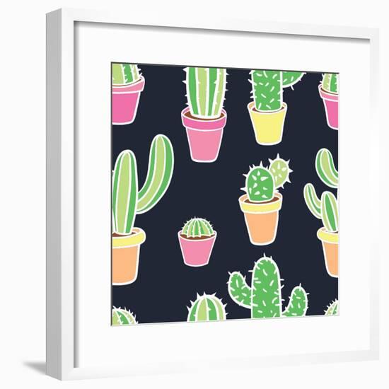 Seamless Pattern with Cactus. Pattern of Cactus. Cacti in Pots. Vector Background. Cute Cartoon Cac-Asya Bikmaeva-Framed Premium Giclee Print