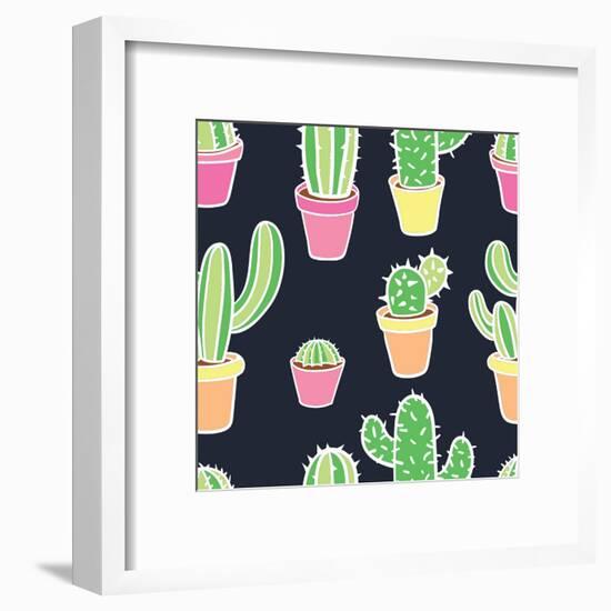 Seamless Pattern with Cactus. Pattern of Cactus. Cacti in Pots. Vector Background. Cute Cartoon Cac-Asya Bikmaeva-Framed Art Print