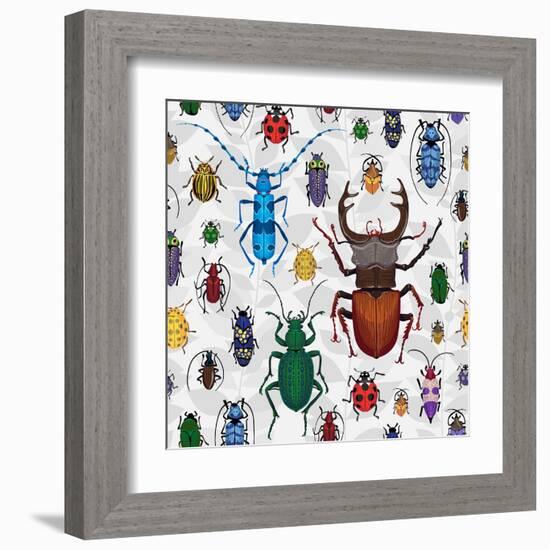 Seamless Pattern with Colorful Bugs. Bright Vector Drawing of Small Beetles. Insect on the Backgrou-Anna Poguliaeva-Framed Art Print