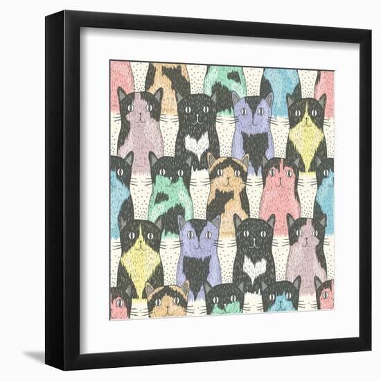 Seamless Pattern With Cute Cats For Children-cherry blossom girl-Framed Art Print