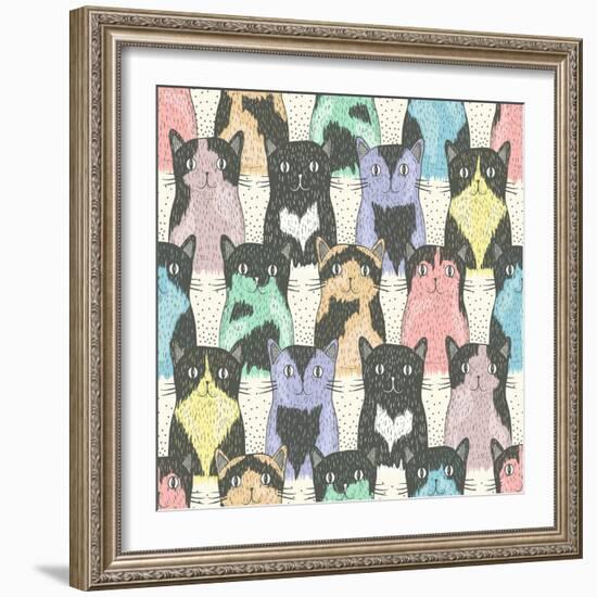 Seamless Pattern With Cute Cats For Children-cherry blossom girl-Framed Art Print