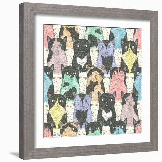 Seamless Pattern With Cute Cats For Children-cherry blossom girl-Framed Art Print