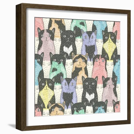 Seamless Pattern With Cute Cats For Children-cherry blossom girl-Framed Art Print