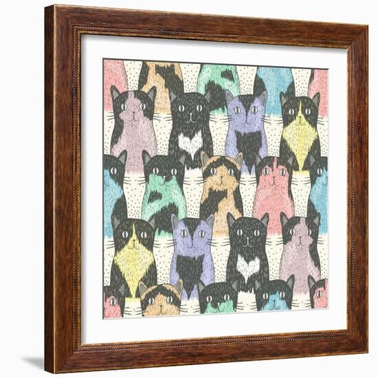 Seamless Pattern With Cute Cats For Children-cherry blossom girl-Framed Art Print