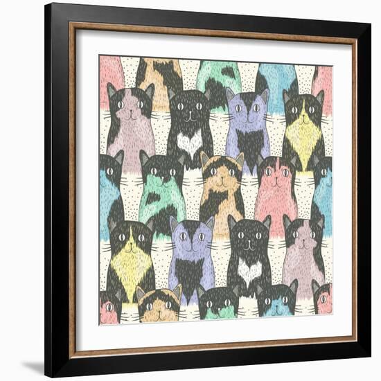 Seamless Pattern With Cute Cats For Children-cherry blossom girl-Framed Art Print