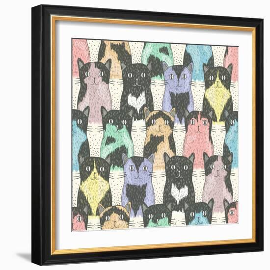 Seamless Pattern With Cute Cats For Children-cherry blossom girl-Framed Art Print