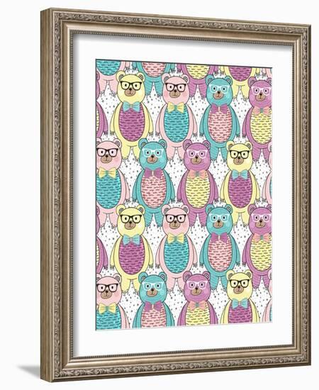 Seamless Pattern with Cute Hipster Bears for Children or Kids.-cherry blossom girl-Framed Art Print