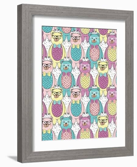 Seamless Pattern with Cute Hipster Bears for Children or Kids.-cherry blossom girl-Framed Art Print