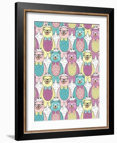 Seamless Pattern with Cute Hipster Bears for Children or Kids.-cherry blossom girl-Framed Art Print